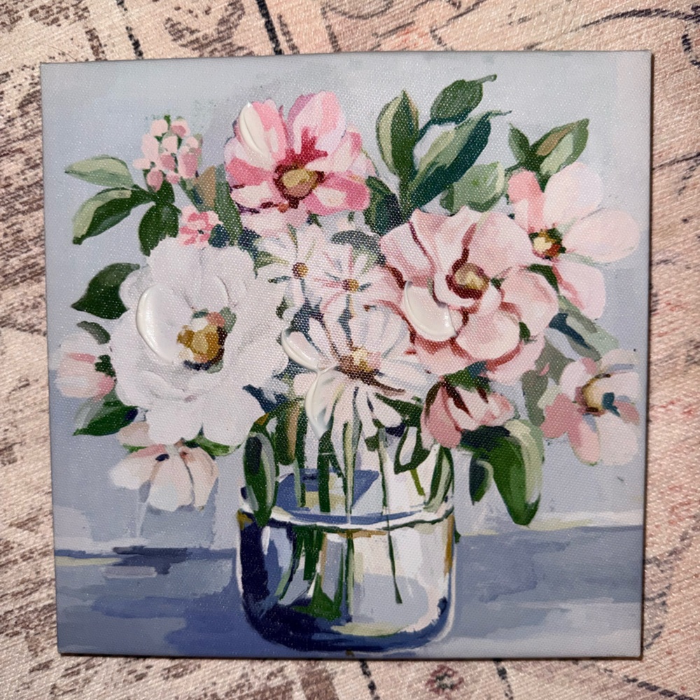 Floral Canvas Acrylic Painting Art with Pink and White Flowers